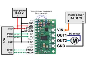 Minimal wiring diagram for connecting a microcontroller to a DRV8263H Single Brushed DC Motor Driver Carrier in PWM (IN/IN) control mode.