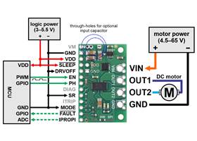 Minimal wiring diagram for connecting a microcontroller to a DRV8263H Single Brushed DC Motor Driver Carrier in phase/enable (PH/EN) control mode.