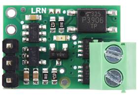 Pololu RC Switch with Isolated Solid State Relay/Switch, SPST, 30V, 10A (Soldered Connectors), top view.