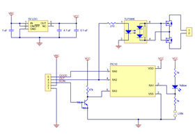 Schematic diagram of the Pololu RC Switch with Isolated Solid State Relay/Switch, SPST.