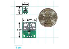 ACS3704x Current Sensor Micro Carrier (top) and Compact Carrier (bottom) basic dimensions with US quarter for size reference.