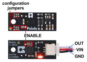 Pinout and configuration jumper locations of the v2 short-range versions of the Pololu Digital Distance Sensor with Side-Entry Connector.