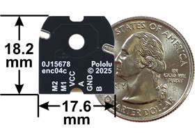Magnetic Encoder with Top-Entry Connector for 20D mm Metal Gearmotors, motor-side view with dimensions and US quarter for size reference.