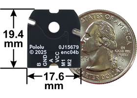 Magnetic Encoder with Side-Entry Connector for 20D mm Metal Gearmotors, motor-side view with dimensions and US quarter for size reference.