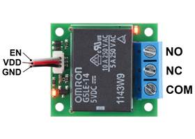 Pinout of the Pololu Basic SPDT Relay Carrier with 5VDC Relay, Terminal Blocks, and JST SH-Style Top-Entry Connector (JST SH cable not included).