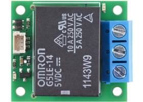 Top view of the Pololu Basic SPDT Relay Carrier with 5VDC Relay, Terminal Blocks, and JST SH-Style Top-Entry Connector.