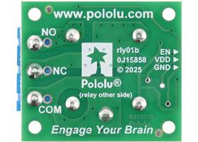 Bottom view of the Pololu Basic SPDT Relay Carrier with Relay, Terminal Blocks, and JST SH-Style Top-Entry Connector.