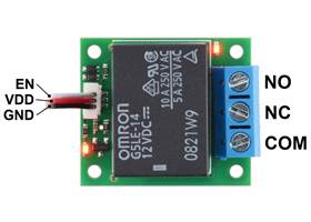 Pinout of the Pololu Basic SPDT Relay Carrier with 12VDC Relay, Terminal Blocks, and JST SH-Style Top-Entry Connector (JST SH cable not included).