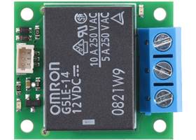Top view of the Pololu Basic SPDT Relay Carrier with 12VDC Relay, Terminal Blocks, and JST SH-Style Top-Entry Connector.