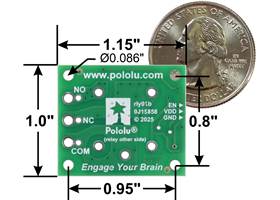 Pololu Basic SPDT Relay Carrier for &#8220;Sugar Cube&#8221; Relays with JST SH-Style Top-Entry Connector, bottom view with basic dimensions and a US quarter for size reference.