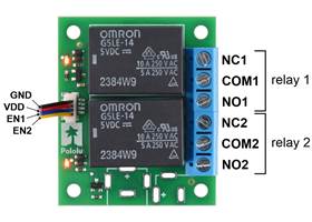 Pinout of the Pololu Basic 2-Channel SPDT Relay Carrier with 5VDC Relays, Terminal Blocks, and JST SH-Style Top-Entry Connector (JST SH cable not included).