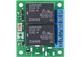 Top view of the Pololu Basic 2-Channel SPDT Relay Carrier with 5VDC Relays, Terminal Blocks, and JST SH-Style Top-Entry Connector.