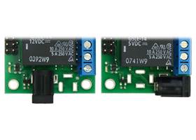 A DC barrel jack can optionally be added in two possible orientations to supply power to the Pololu basic 2-channel SPDT relay carrier.