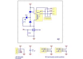 Schematic diagram of the Pololu basic 2-channel SPDT relay carrier with JST SH-style connector.