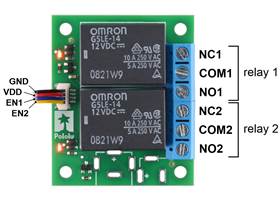 Pinout of the Pololu Basic 2-Channel SPDT Relay Carrier with 12VDC Relays, Terminal Blocks, and JST SH-Style Top-Entry Connector (JST SH cable not included).