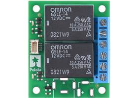 Top view of the Pololu Basic 2-Channel SPDT Relay Carrier with 12VDC Relays, Terminal Blocks, and JST SH-Style Top-Entry Connector.