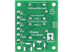 Bottom view of the Pololu Basic 2-Channel SPDT Relay Carrier with Relays, Terminal Blocks, and JST SH-Style Top-Entry Connector.