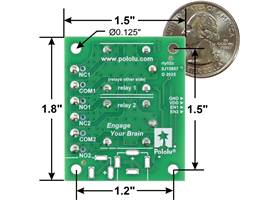 Pololu Basic 2-Channel SPDT Relay Carrier with Relays, Terminal Blocks, and JST SH-Style Top-Entry Connector, bottom view with basic dimensions and a US quarter for size reference.