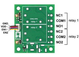 Pinout of the Pololu Basic 2-Channel SPDT Relay Carrier for &#8220;Sugar Cube&#8221; Relays with JST SH-Style Top-Entry Connector (JST SH cable not included).