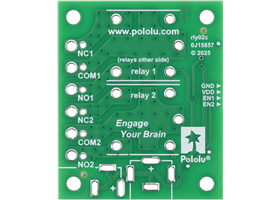 Bottom view of the Pololu Basic 2-Channel SPDT Relay Carrier for &#8220;Sugar Cube&#8221; Relays with JST SH-Style Top-Entry Connector.