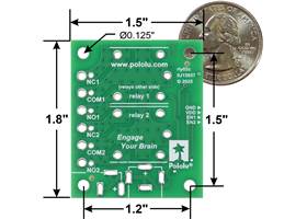 Pololu Basic 2-Channel SPDT Relay Carrier for &#8220;Sugar Cube&#8221; Relays with JST SH-Style Top-Entry Connector, bottom view with basic dimensions and a US quarter for size reference.