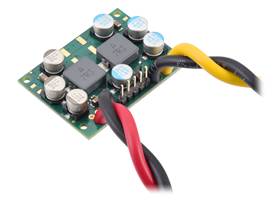 Step-Down Voltage Regulator D42V110Fx assembled with 0.1″-pitch male headers and 14&nbsp;AWG wires (not included).