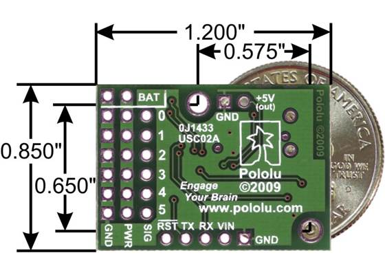 Micro Maestro 6-channel USB servo controller bottom view with quarter for size reference.