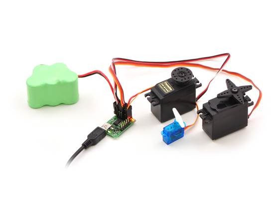 Micro Maestro 6-channel USB servo controller (fully assembled) controlling three servos.