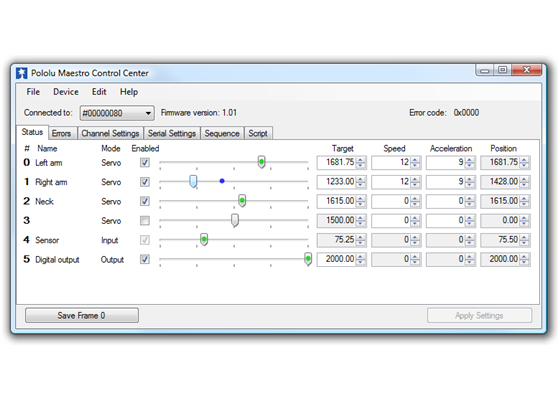 The Status tab in the Maestro Control Center.