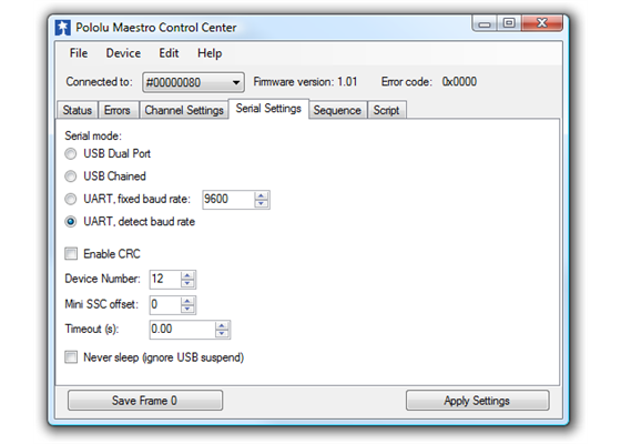 The Serial Settings tab in the Maestro Control Center.
