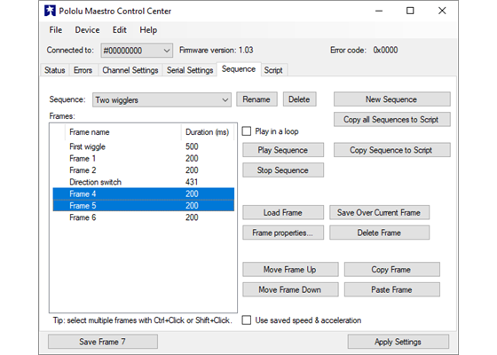 The Sequence tab in the Maestro Control Center.