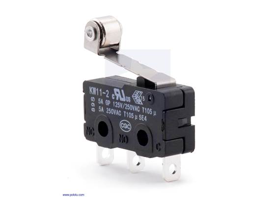 Snap-action switch with 16.3mm roller lever: 3-pin, SPDT, 5A.