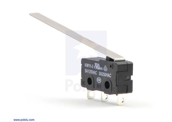 Snap-action switch with 50mm lever: 3-pin, SPDT, 5A.