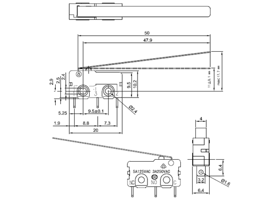 Dimensions (in mm) of snap-action switch with 50mm lever: 3-pin, SPDT, 5A.