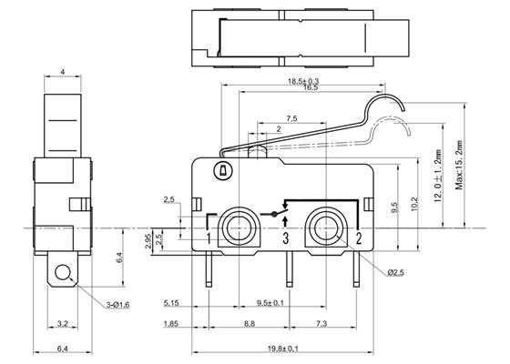 Dimensions (in mm) of snap-action switch with 18.5mm bump lever: 3-pin, SPDT, 5A.