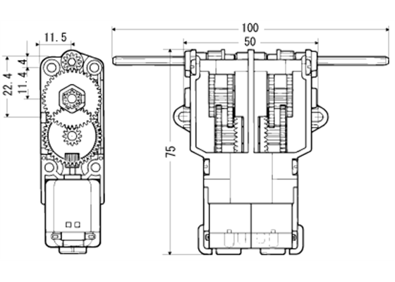 Tamiya 70097 and 89915 twin-motor gearbox dimensions (in mm).