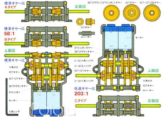 Tamiya 70097 Twin-Motor Gearbox Kit box back.
