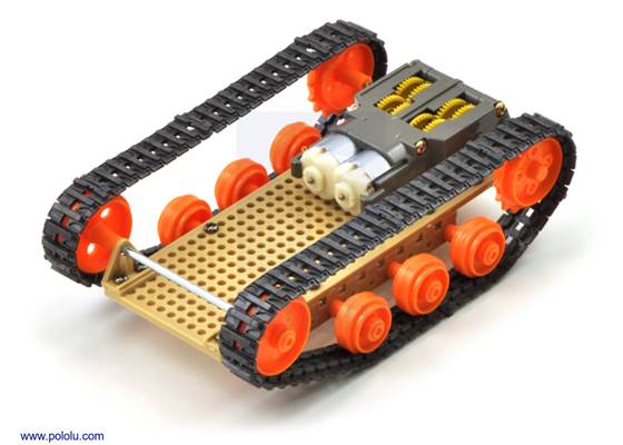 Tank-style chassis built using the Tamiya 70100 track and wheel set, Tamiya 70098 universal plate set, and Tamiya 70097 twin-motor gearbox kit.