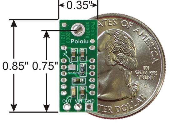 Pololu carrier for Sharp GP2Y0D815Z0F, GP2Y0D810Z0F, and GP2Y0D805Z0F with quarter for size reference.