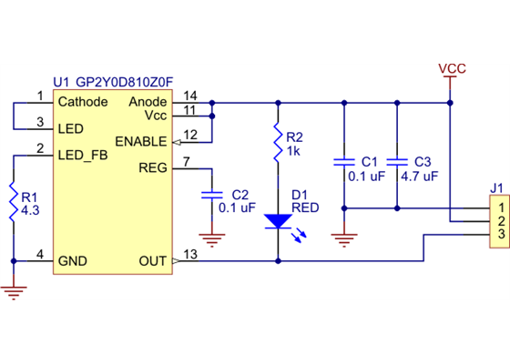 Pololu carrier for Sharp GP2Y0D805Z0F, GP2Y0D810Z0F, and GP2Y0D815Z0F sensors schematic diagram.