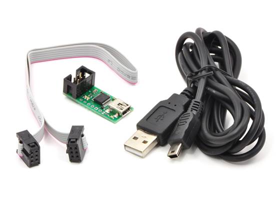 Pololu USB AVR programmer with included six-pin ISP cable and USB A to mini-B cable.