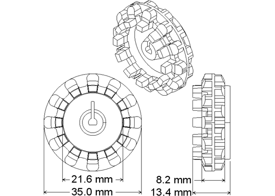 Dimensions of the Pololu wheel 42&#215;19mm hub/Pololu track set drive sprocket.