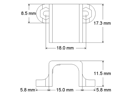 Diagram with dimensions of the Pololu micro metal gearmotor bracket extended.