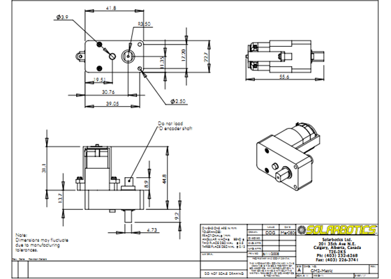 Solarbotics GM2 gearmotor dimensions (in mm).