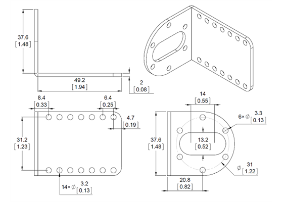 Mechanical drawing for the Pololu stamped aluminum L-bracket for 37D mm metal gearmotors.  Units are mm over [inches].