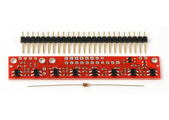 QTR-8A reflectance sensor array with included 25-pin 0.1&quot; header strip and 100&nbsp;Ohm through-hole resistor.