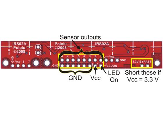 QTR-8x reflectance sensor array with 8&#215;2 connection pins labeled.
