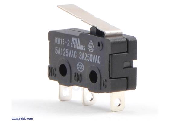 Snap-action switch with 16.7mm lever: 3-pin, SPDT, 5A.