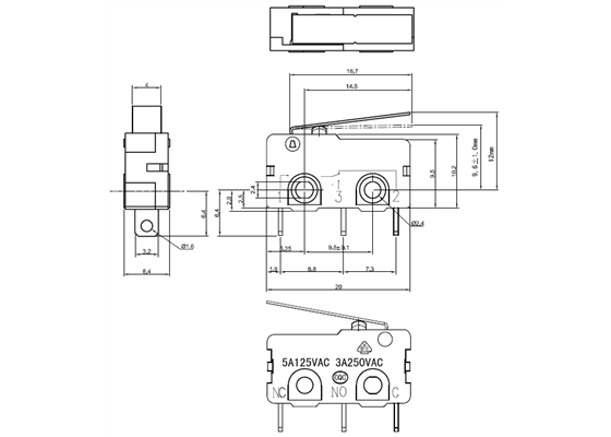 Dimensions (in mm) of snap-action switch with 16.7mm lever: 3-pin, SPDT, 5A.