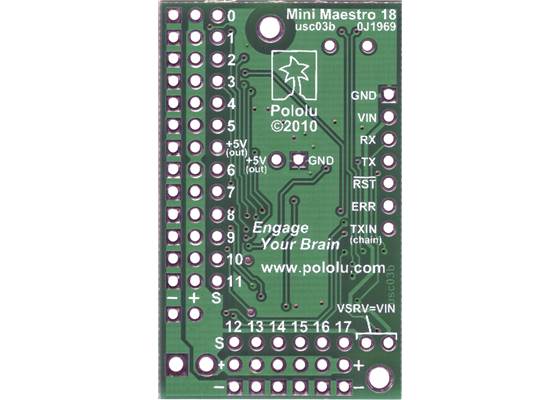 Bottom view of Mini Maestro 18-channel USB servo controller.